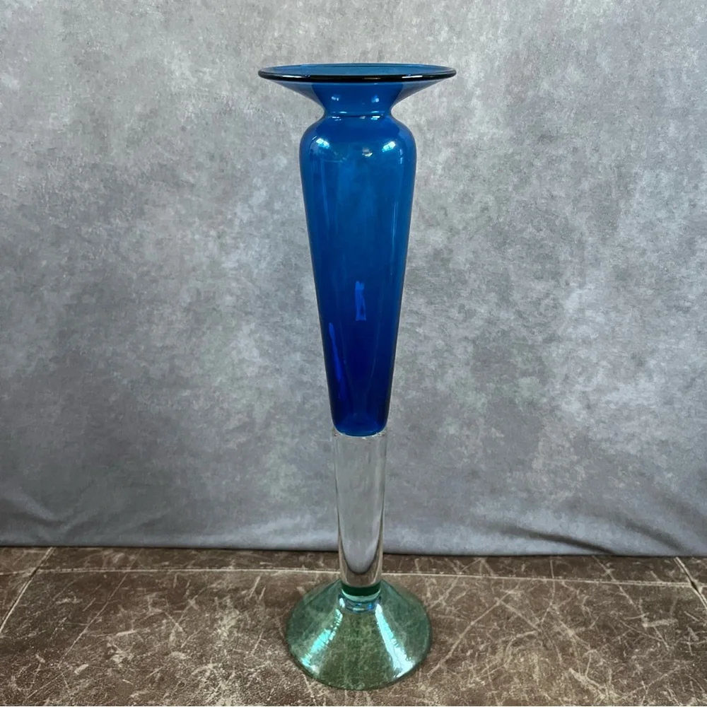 Young and Constantin Studio Blown Glass Vase Blue Signed & Numbered‎ Tall Accent
